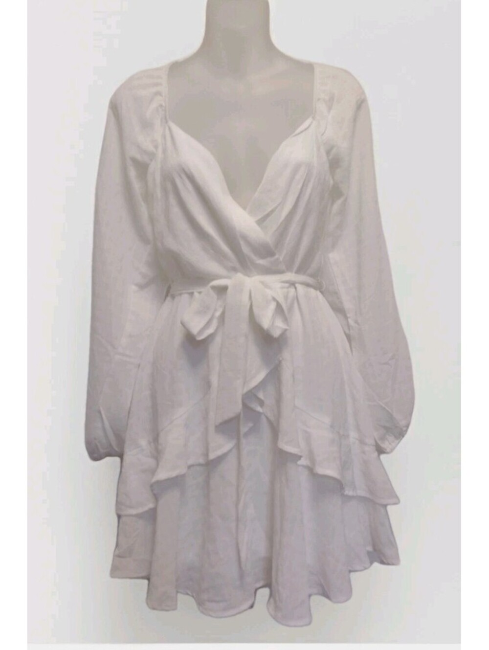White Faux Wrap Dress Boho Cottagecore Puff Sleeve Tiered Mini M Festival Ruffle